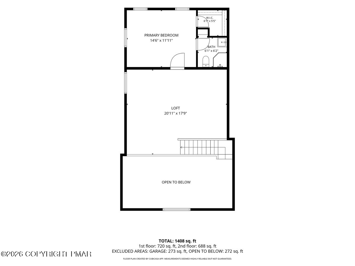 Second-floor plan with primary bedroom, bath, walk-in closet, loft, and open-to-below area.