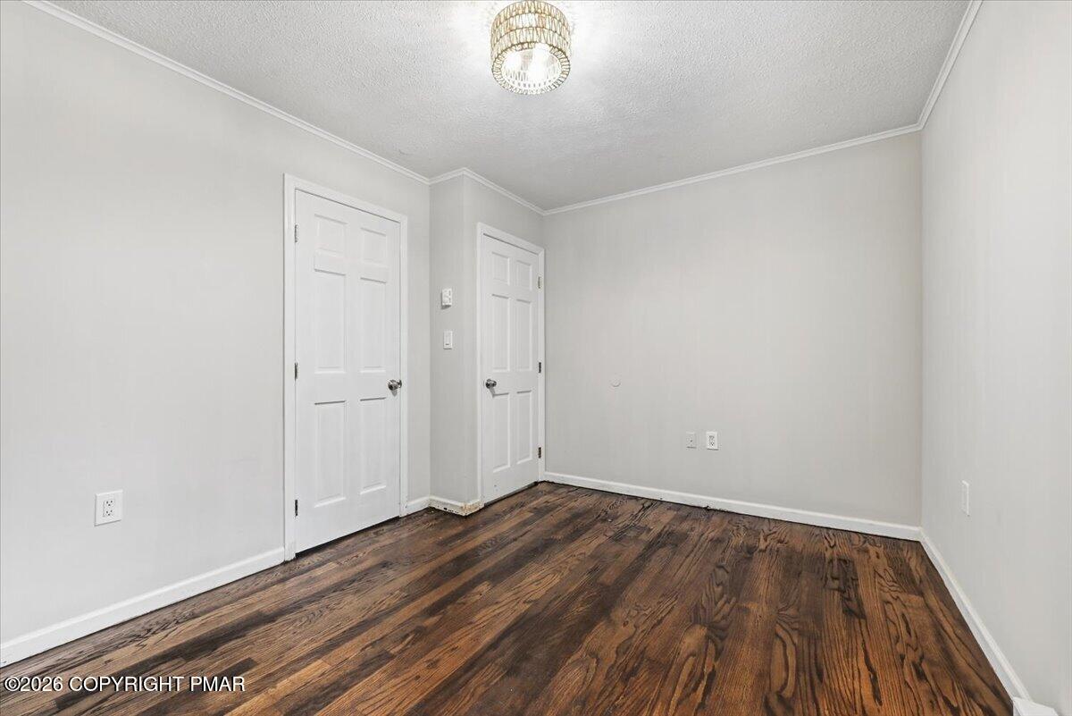 Empty room with dark hardwood floors, two white doors, and a ceiling light.