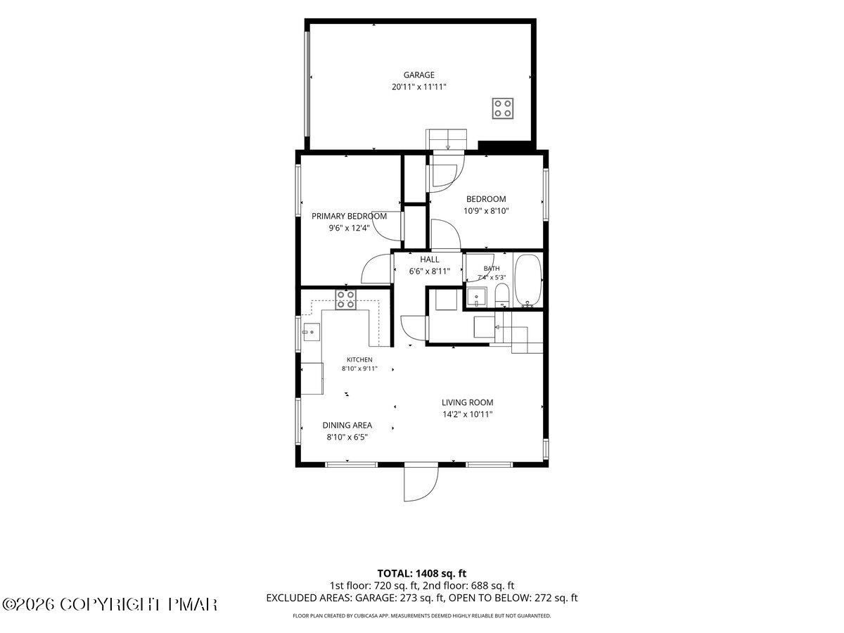 Floor plan showing a garage, two bedrooms, bath, kitchen, dining area, and living room.