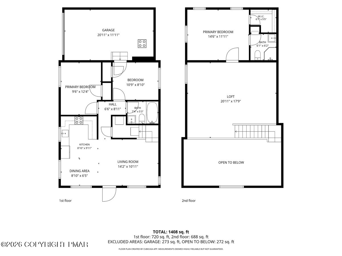Two-story floor plan showing a garage, three bedrooms, loft, kitchen, living and dining areas, and open-to-below space.