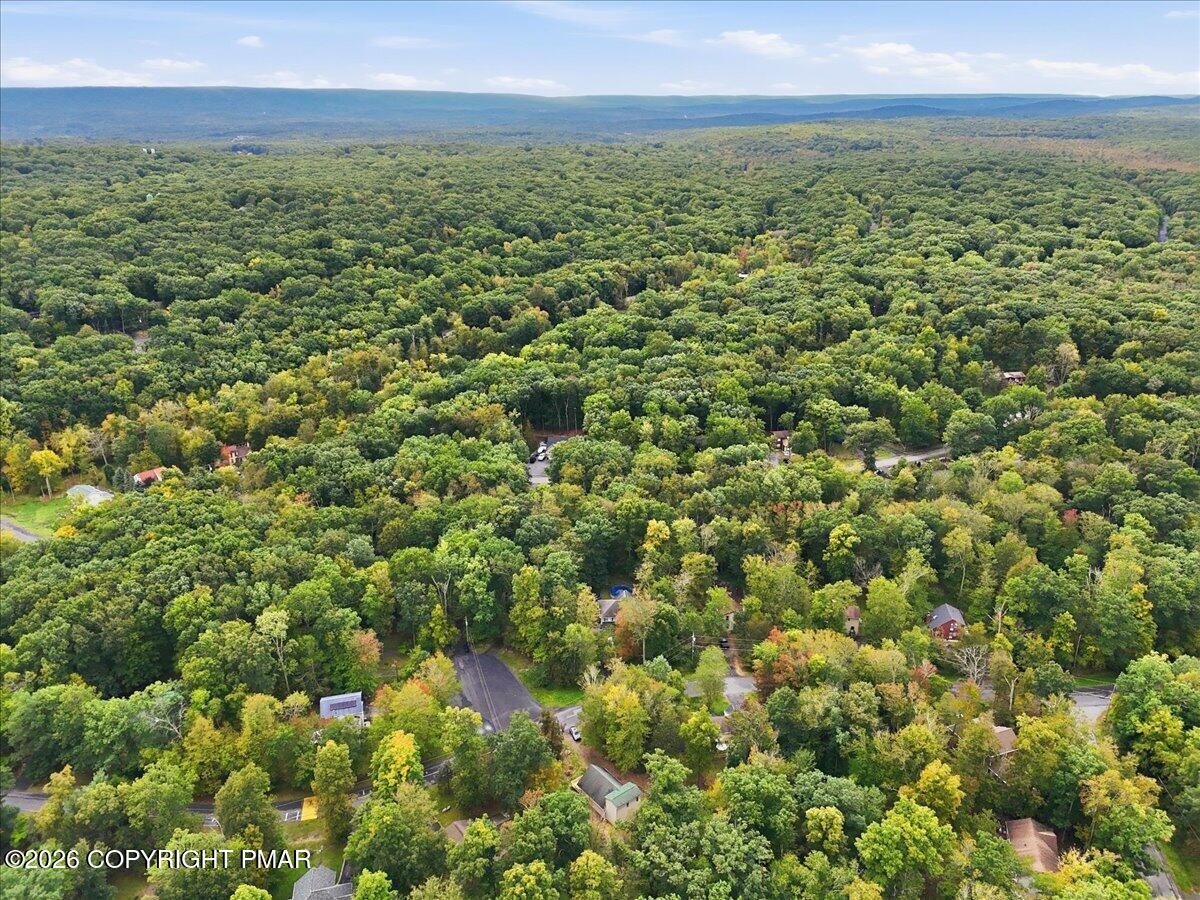 Aerial view of a wooded residential area, with scattered homes and distant mountain ridges.