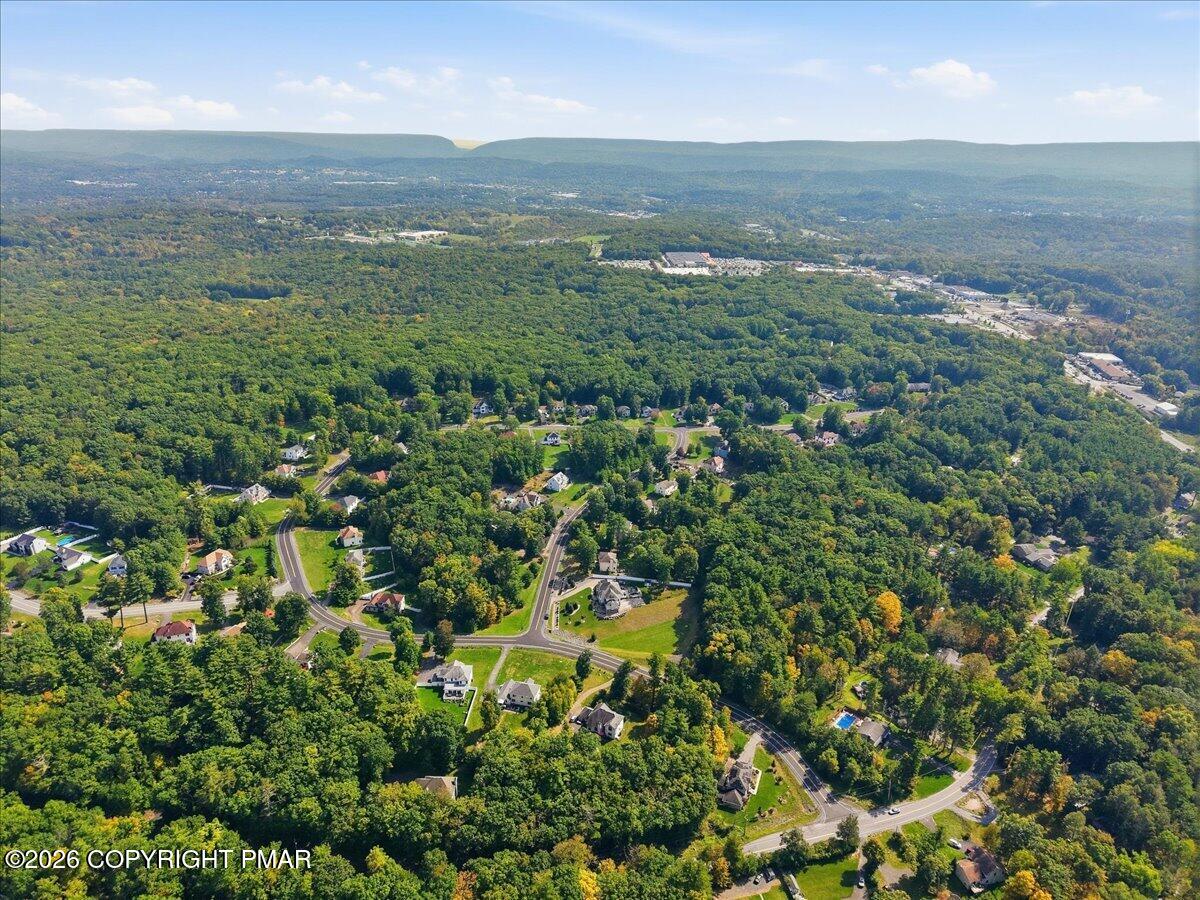 Aerial view of a wooded neighborhood with winding roads, scattered homes, and a distant ridge.