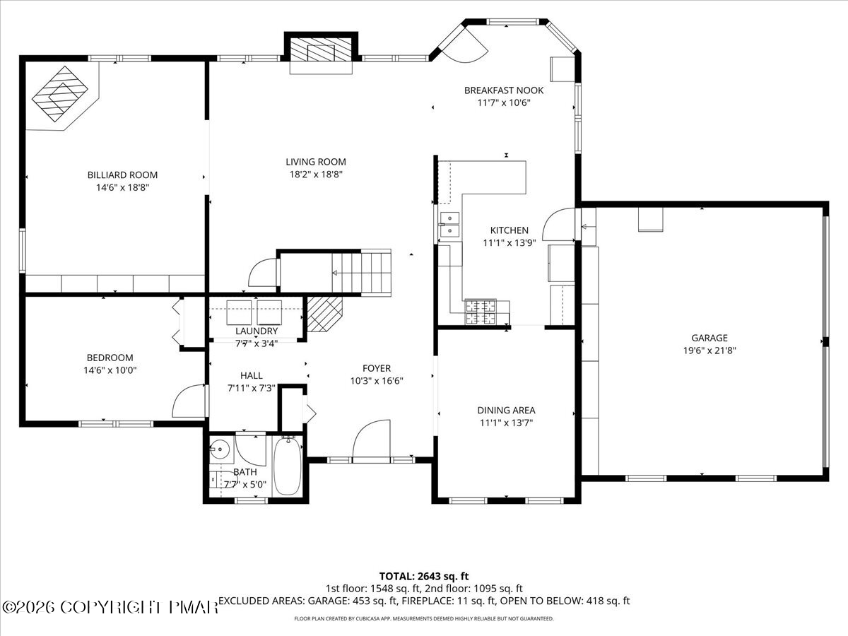 Floor plan showing labeled rooms, a garage, and a total area of 2,643 square feet.