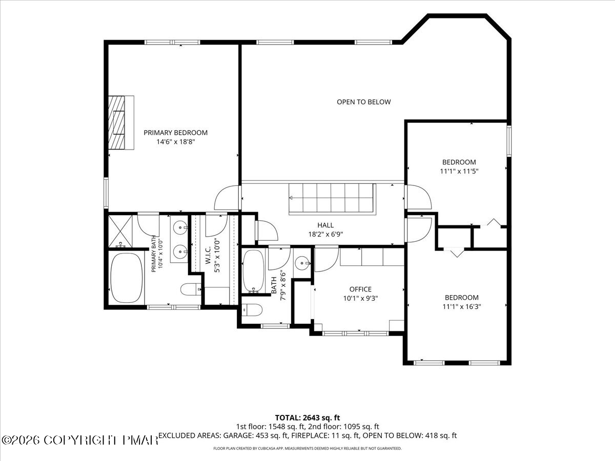 Second-floor floor plan showing a primary suite, two bedrooms, an office, and an open-to-below area.