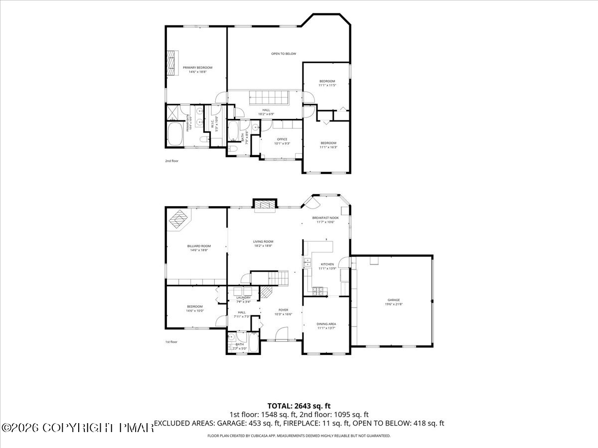 Two-story floor plan showing labeled rooms, a garage, and 2,643 square feet total.