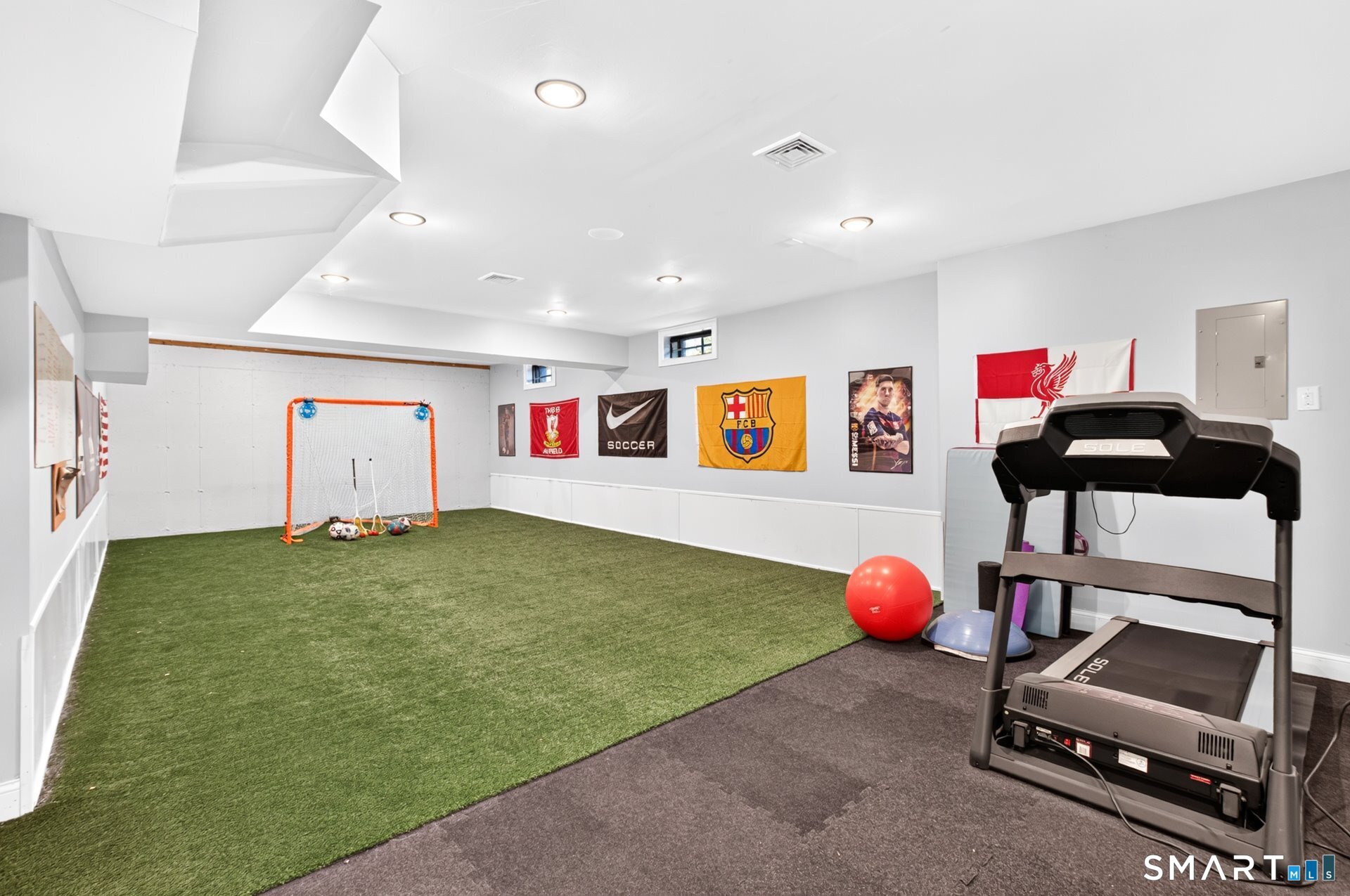 Basement recreation room with artificial turf, a soccer goal, wall flags, and a treadmill.