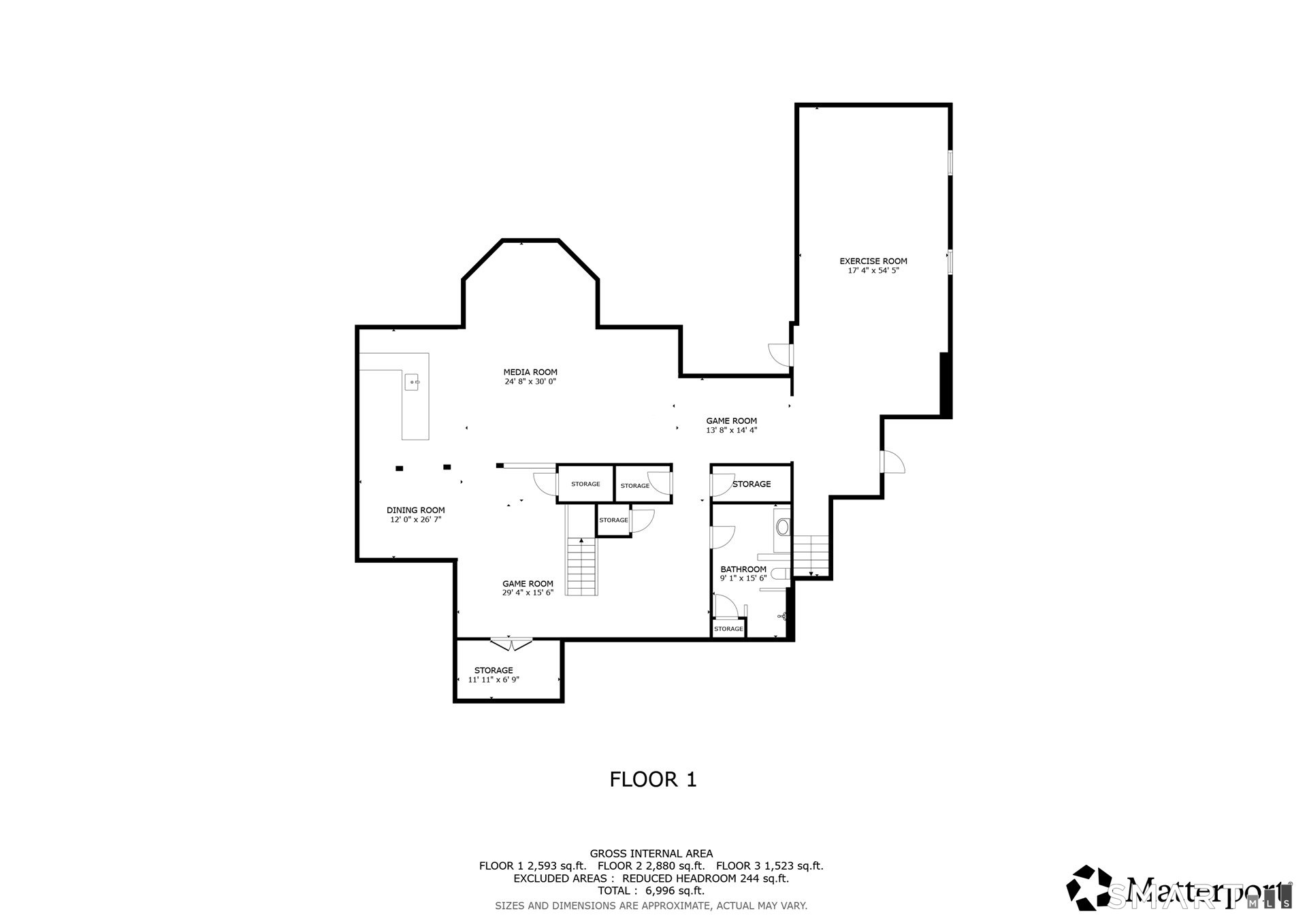 First-floor plan showing media and game rooms, an exercise room, dining room, bathroom, and storage.