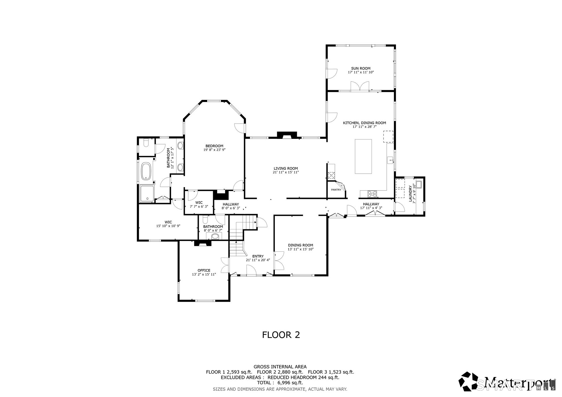 Second-floor floor plan with sunroom, kitchen and dining room, living room, bedroom, office, and bathrooms.