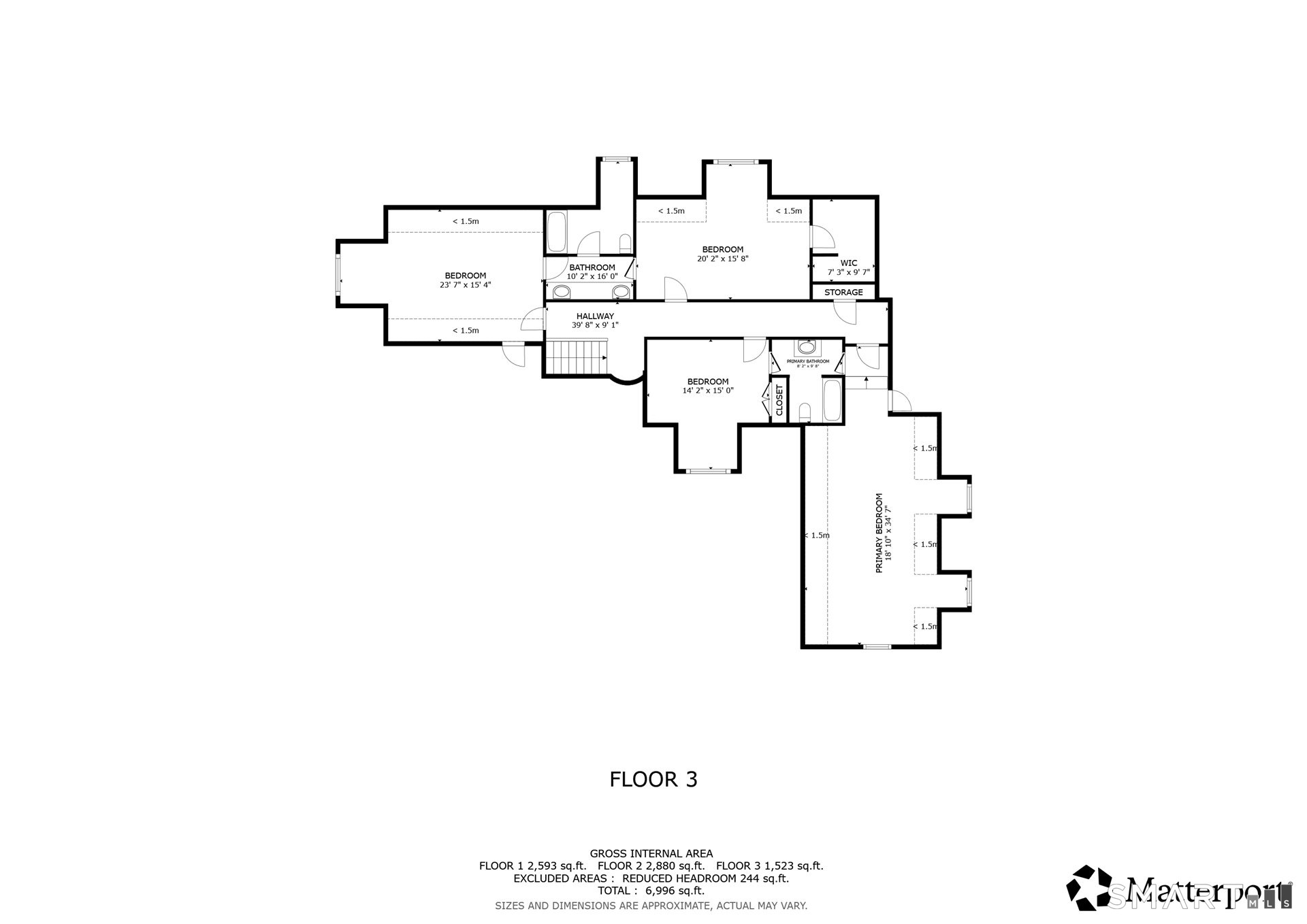 Third-floor plan with four bedrooms, bathrooms, hallway, walk-in closet, and storage.