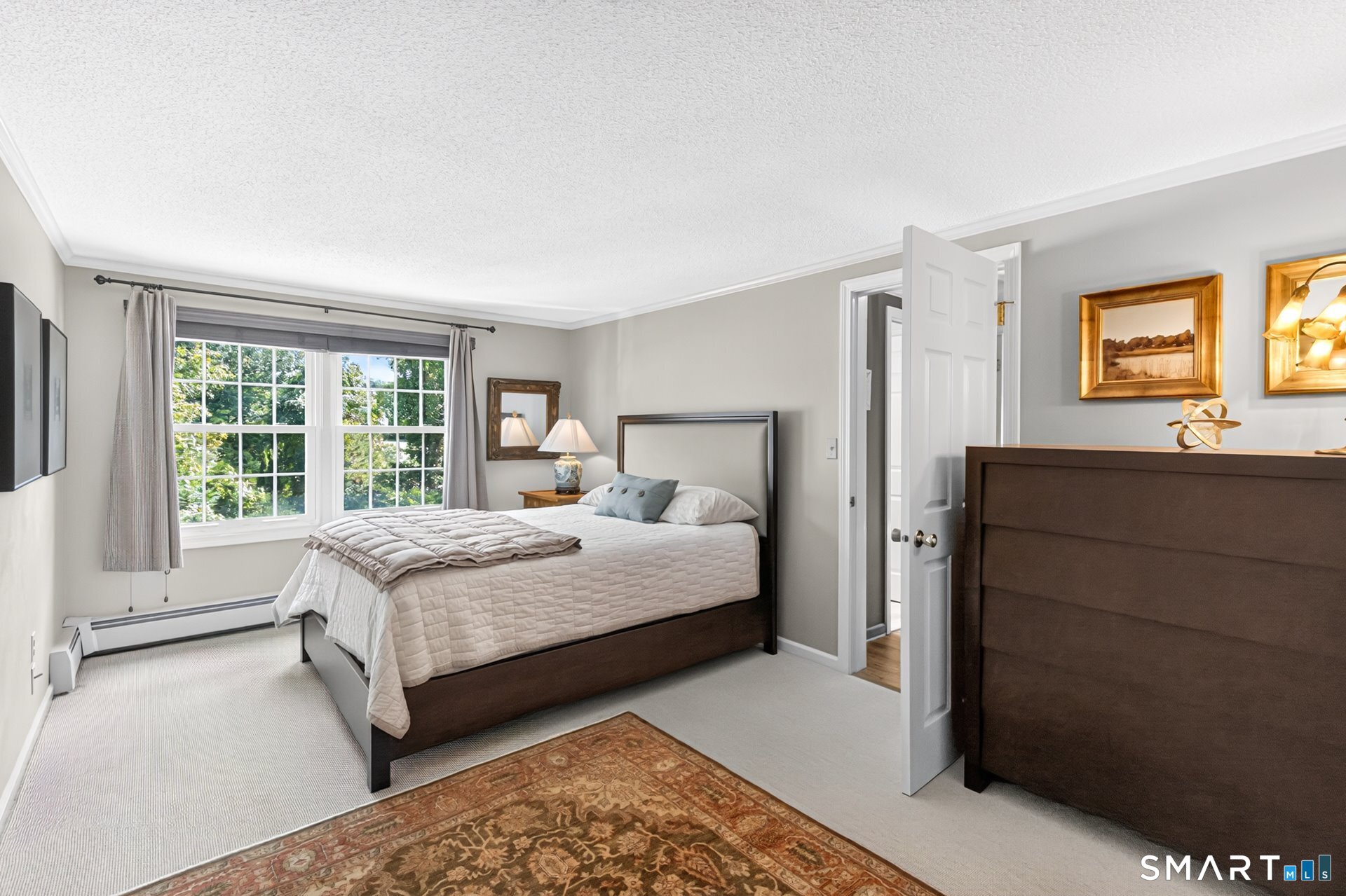 Bedroom with a dark wood bed, wide windows, and a patterned rug.