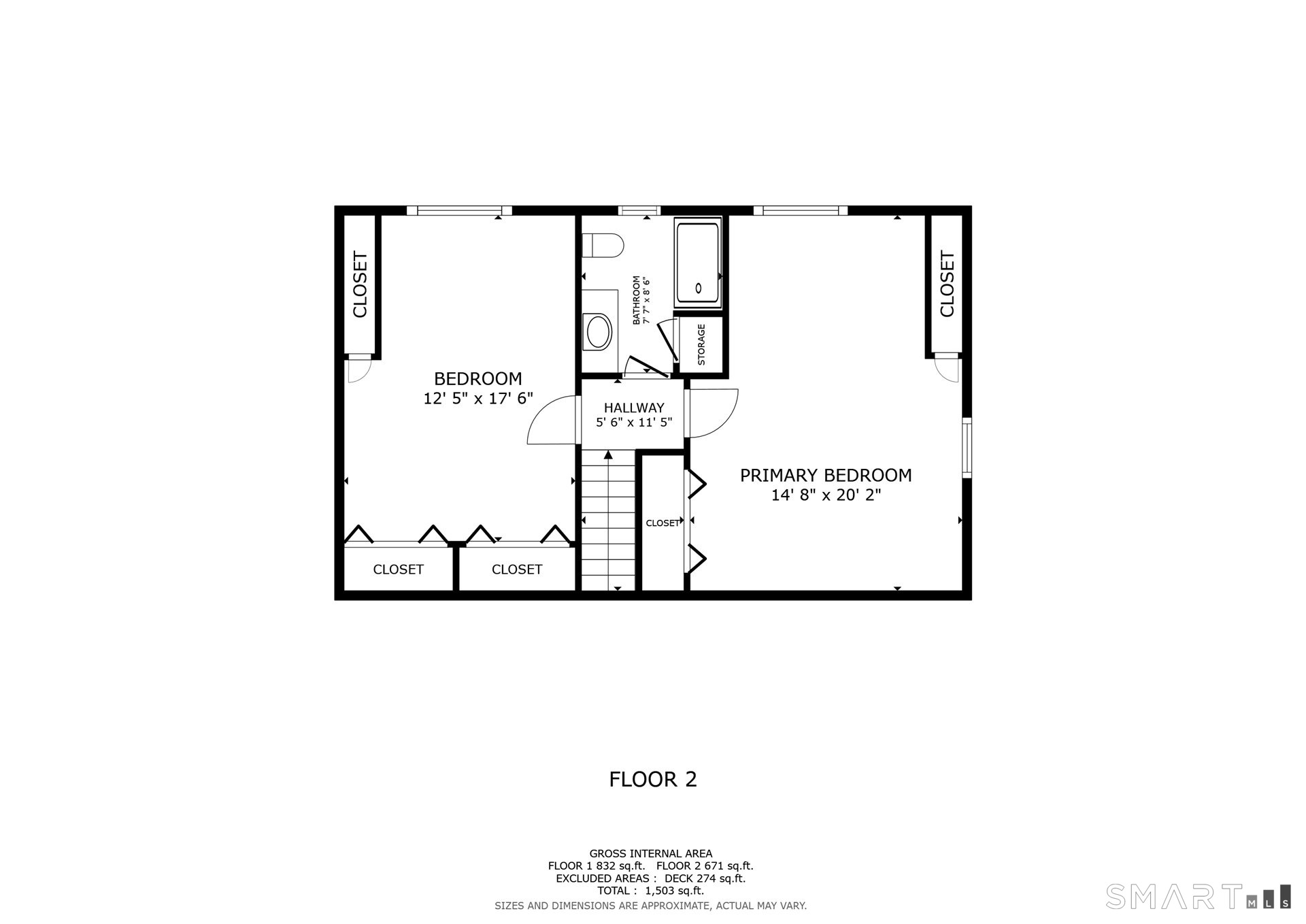 Second-floor plan with a primary bedroom, bedroom, bathroom, closets, storage, and hallway.