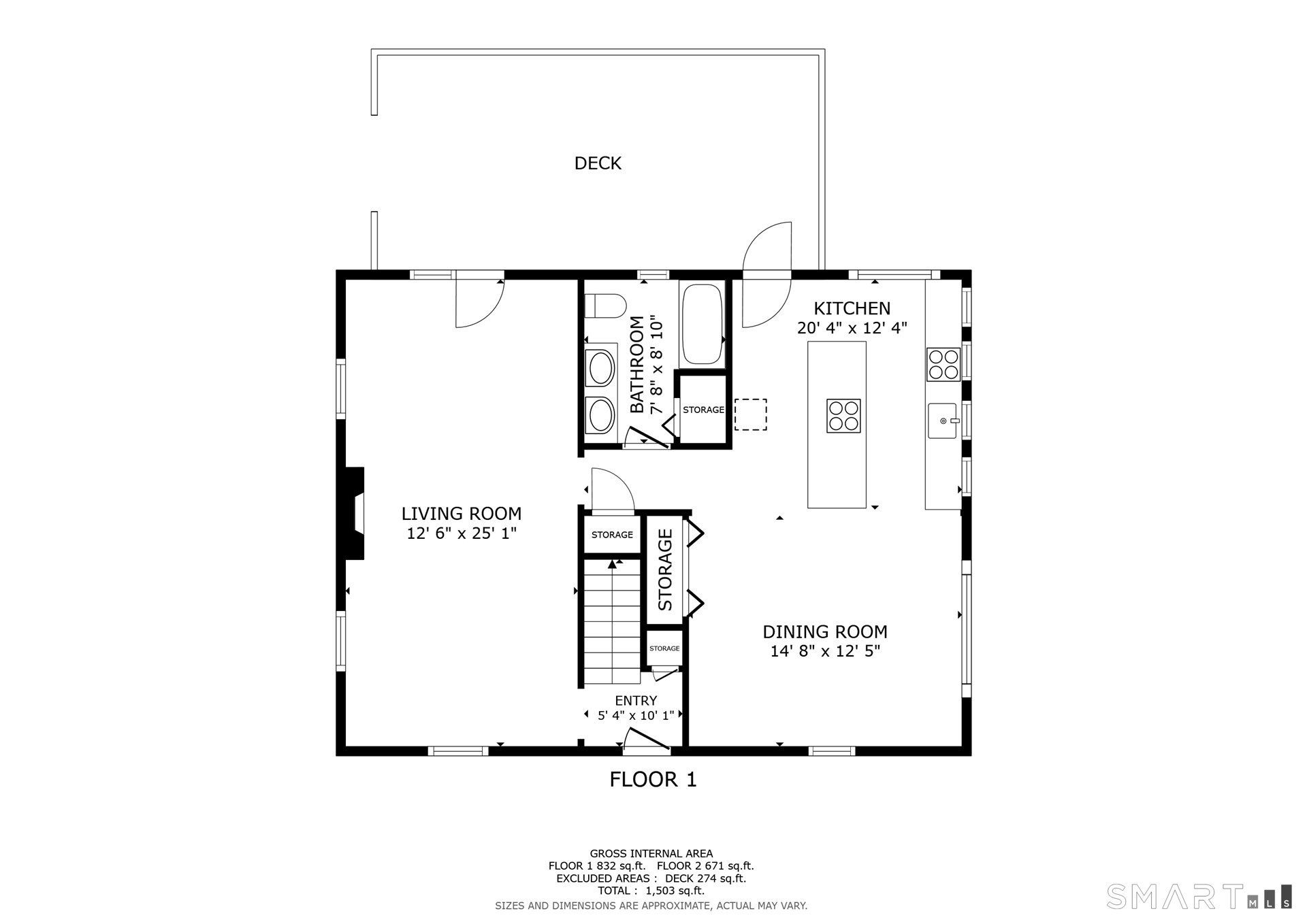 First-floor plan showing a living room, dining room, kitchen, bathroom, entry, storage areas, and deck.
