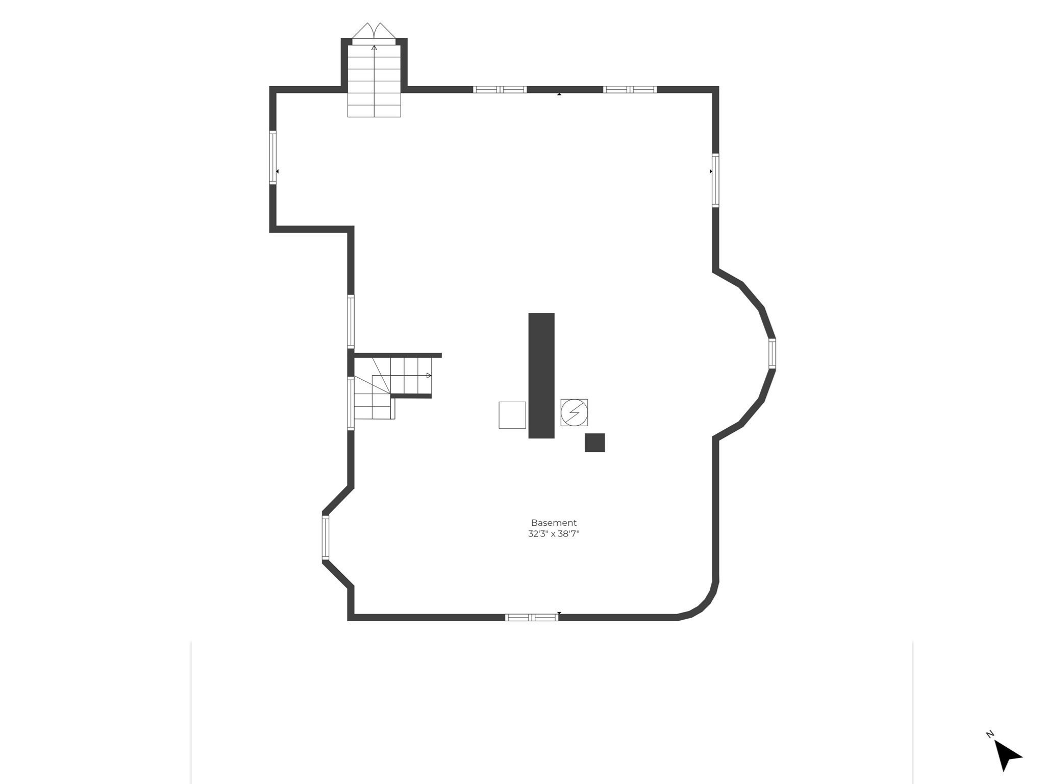 Basement floor plan labeled 32'3" by 38'7", with stairs, windows, and a north indicator.
