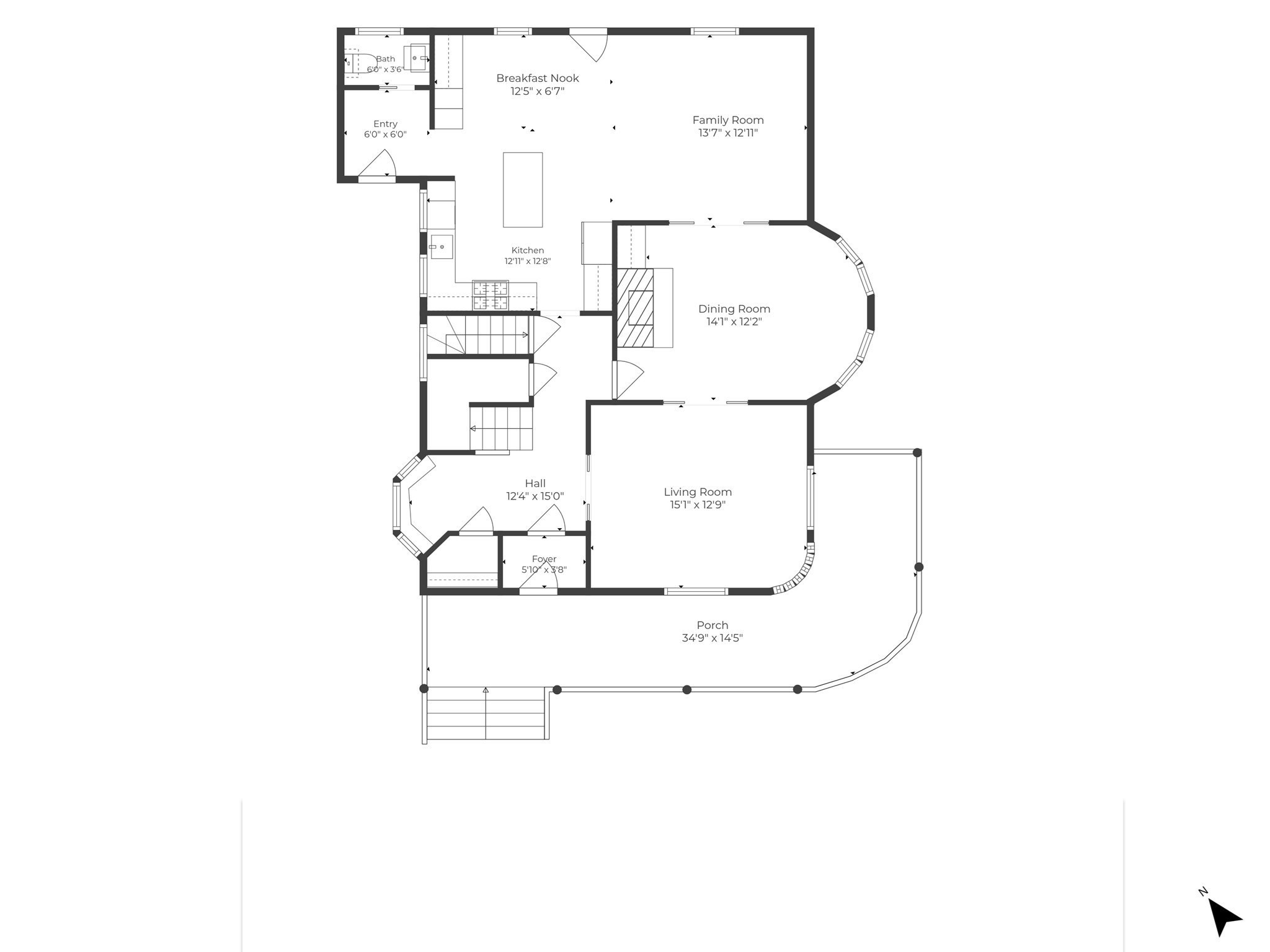 Floor plan showing the kitchen, family room, dining room, living room, and wraparound porch.