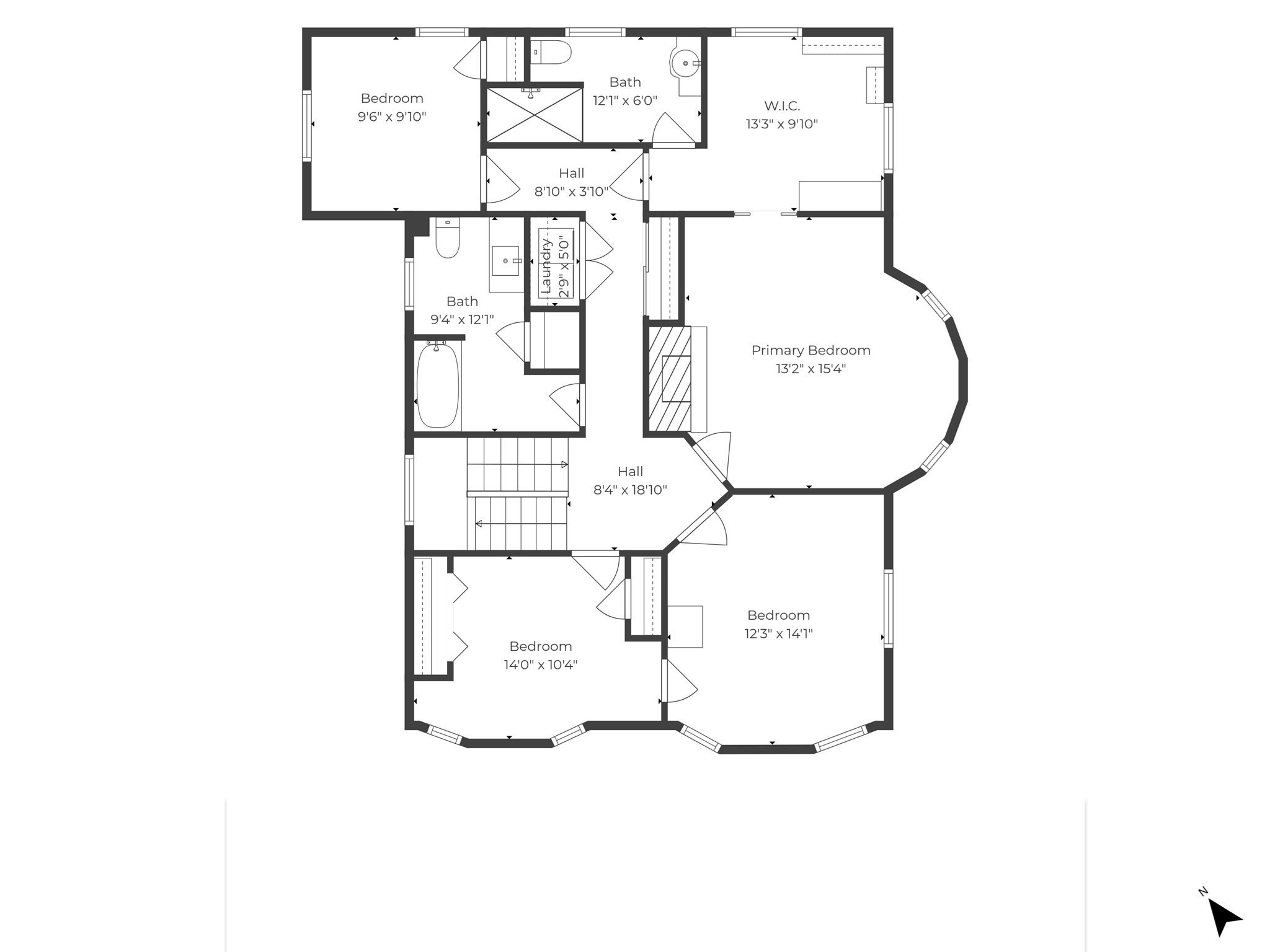 Floor plan showing four bedrooms, two bathrooms, a walk-in closet, laundry area, and stairs.
