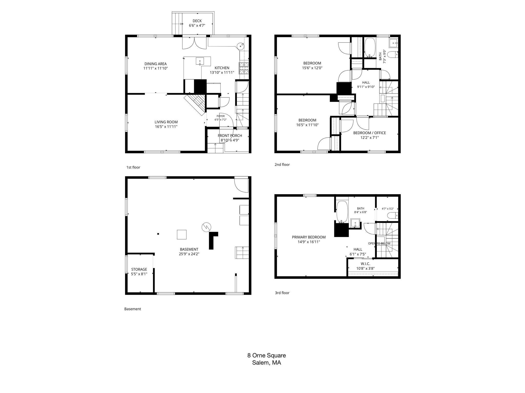 Four-level floor plan showing room layouts and dimensions for 8 Orne Square in Salem, Massachusetts.