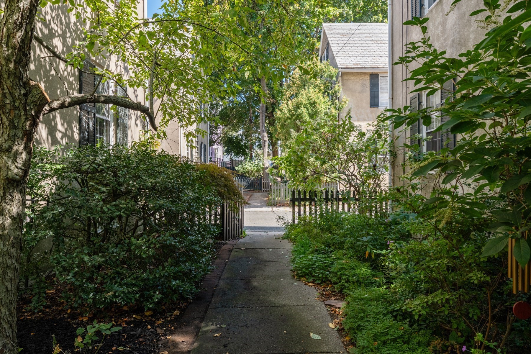 A paved path through a leafy courtyard between residential buildings, bordered by shrubs and white picket fencing.