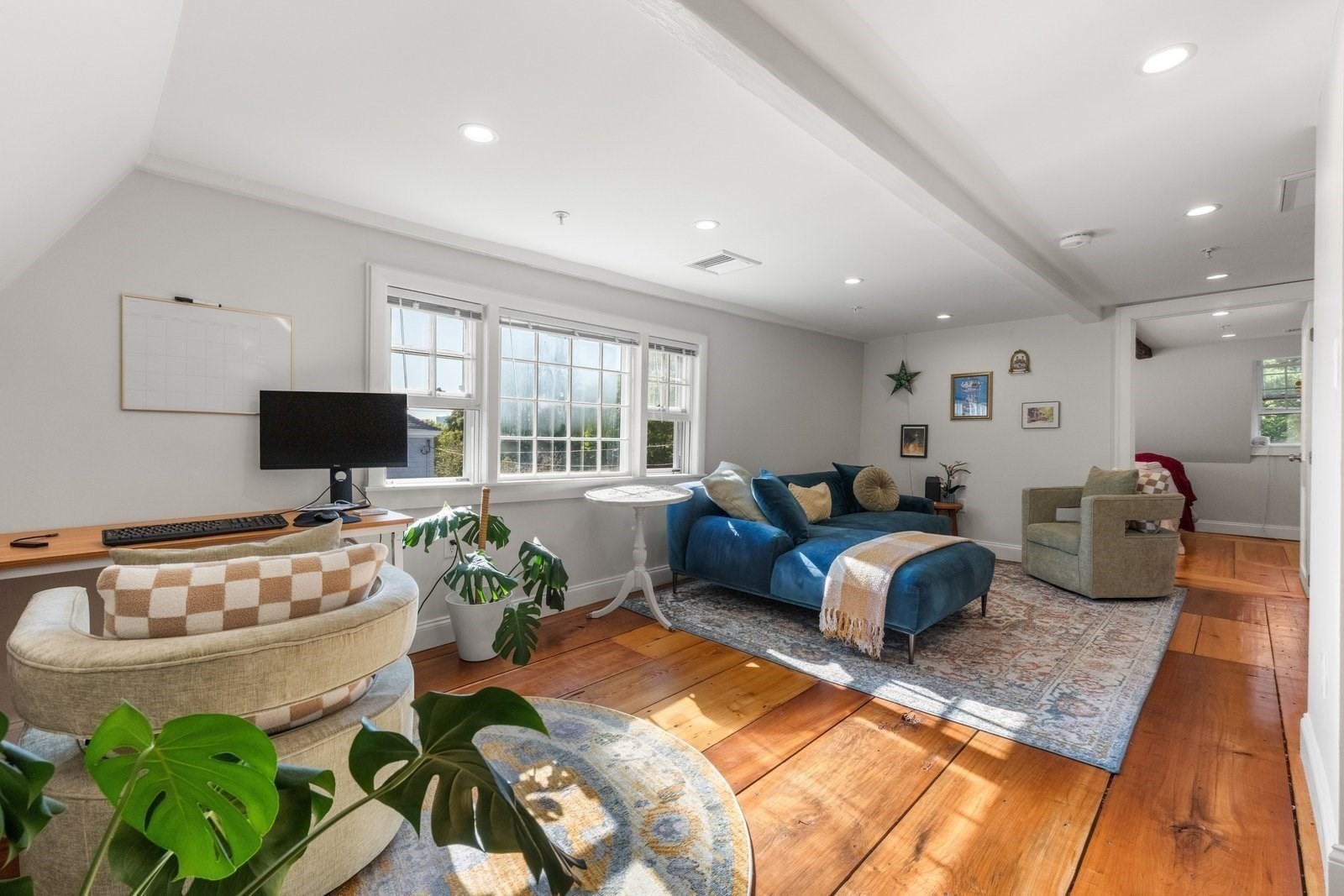 Furnished living room with a blue sofa, wide windows, potted plants, and warm hardwood floors.