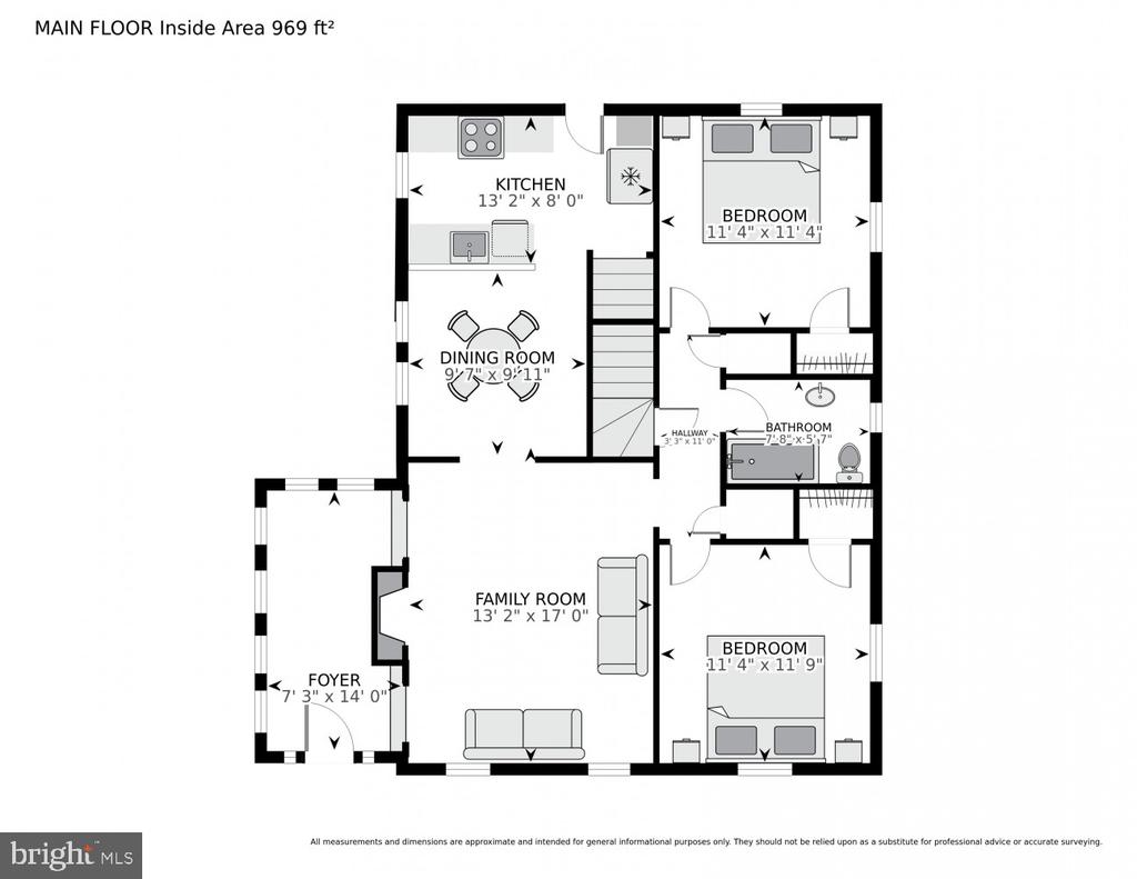Main-floor plan with kitchen, dining and family rooms, foyer, two bedrooms, bathroom, and room dimensions.