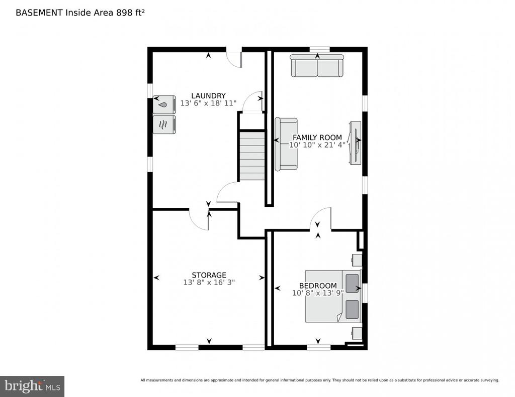 Basement floor plan with laundry, family room, storage, and bedroom; 898 square feet.