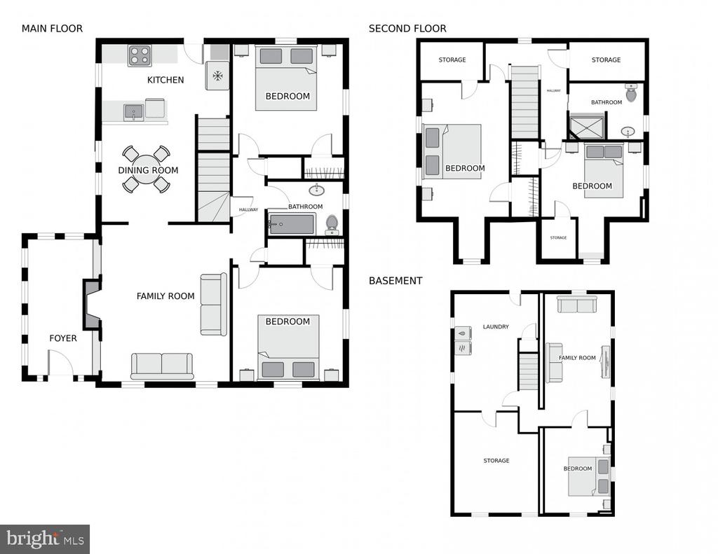 Floor plan showing the main floor, second floor, and basement of 301 Pinewood Avenue.