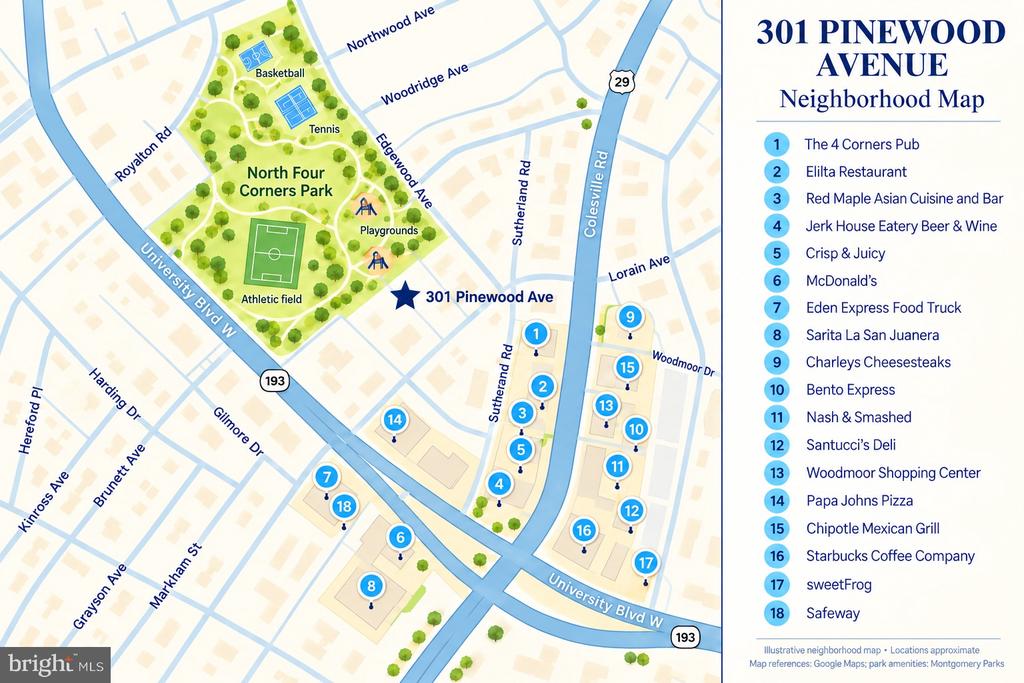 Neighborhood map for 301 Pinewood Avenue, highlighting North Four Corners Park and 18 nearby destinations.