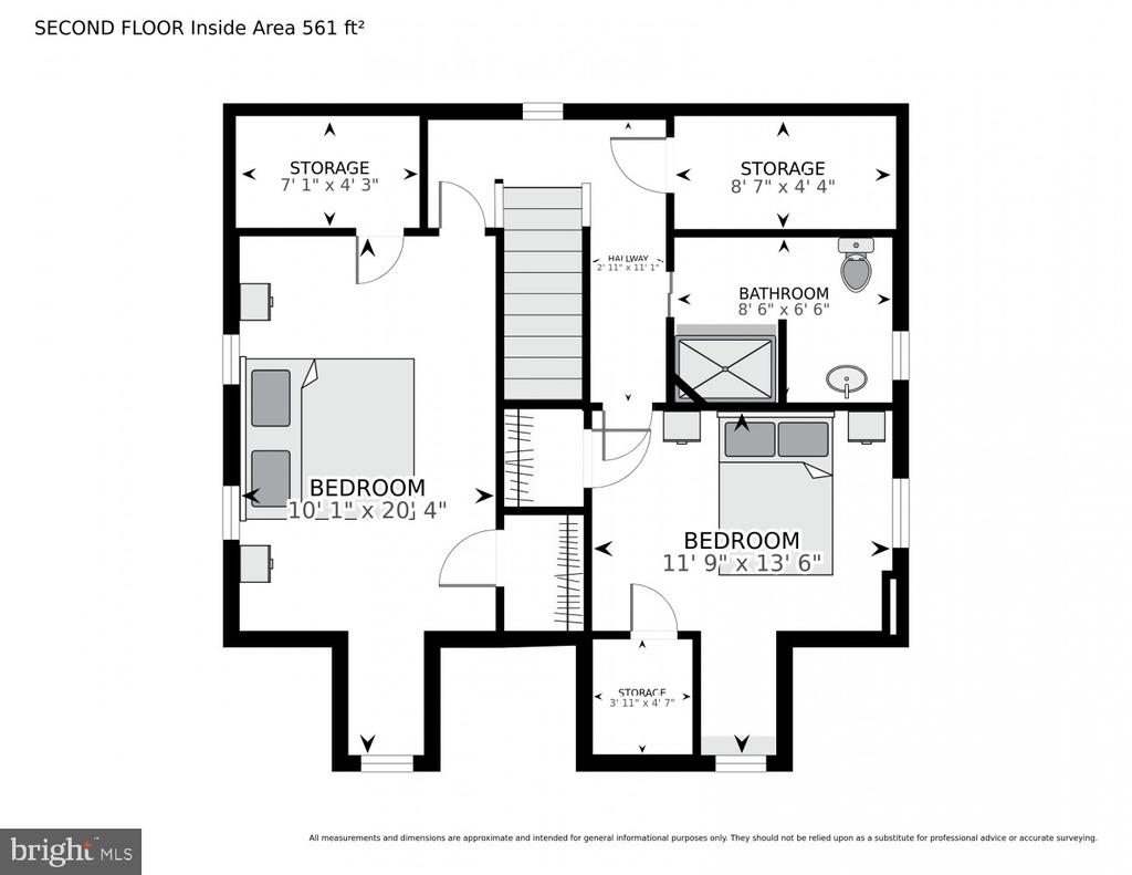Second-floor plan showing two bedrooms, a bathroom, central stairs, and three storage areas.