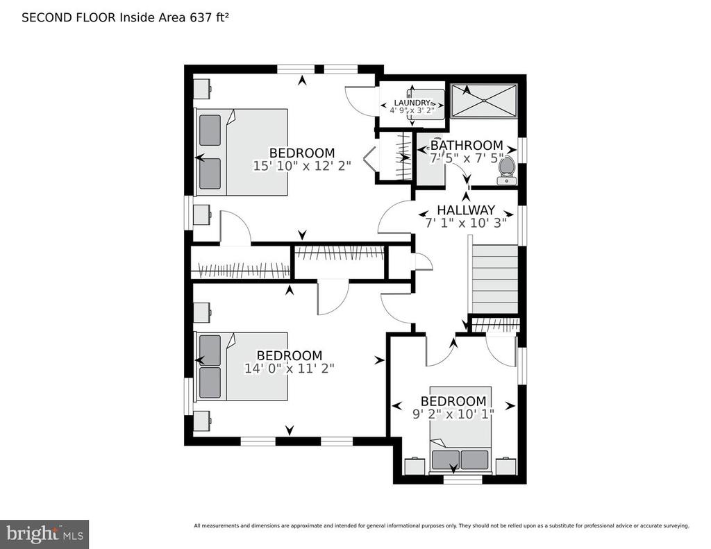 Second-floor plan with three bedrooms, a bathroom, laundry room, and hallway.