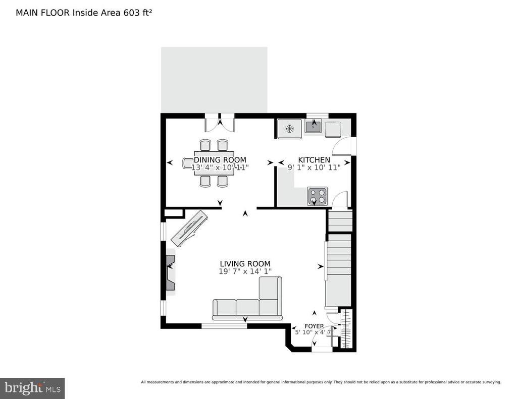 Main-floor plan showing a living room, dining room, kitchen, and foyer.