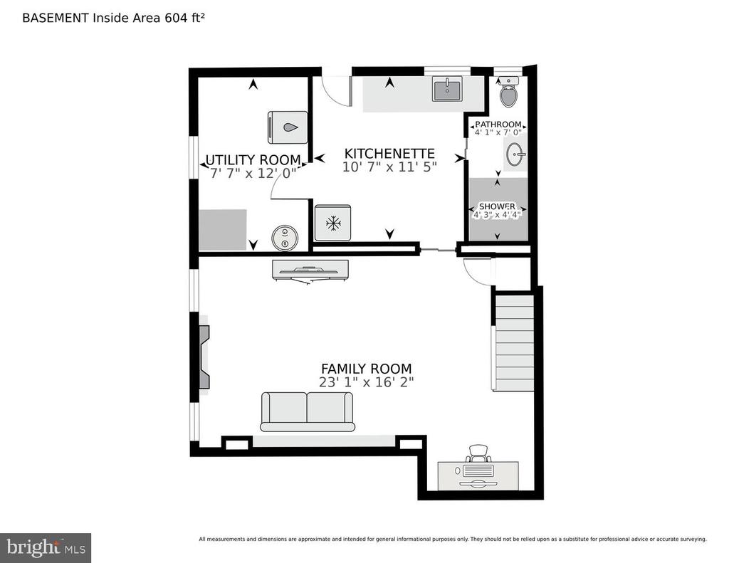 Basement floor plan with a large family room, utility room, kitchenette, bathroom, and stairs.