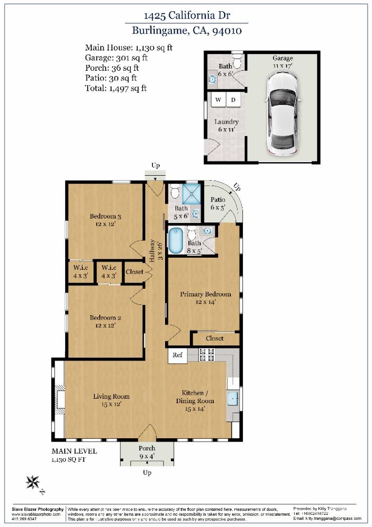 Floor plan of 1425 California Drive showing three bedrooms, living and dining areas, porch, patio, and garage.