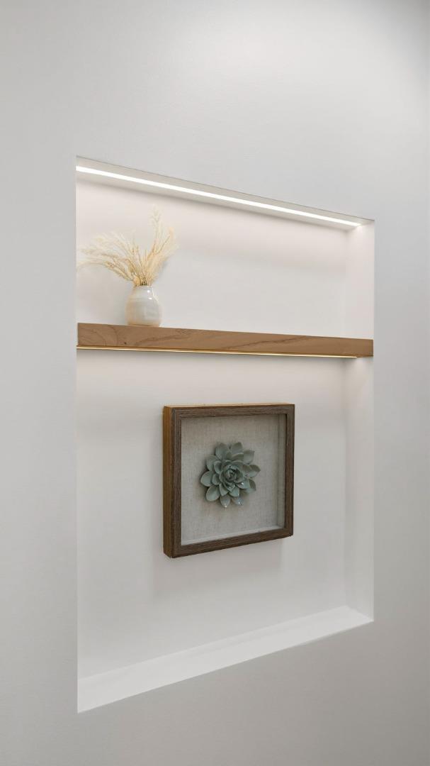 Recessed wall niche with a wood shelf, dried grasses, and framed succulent artwork.