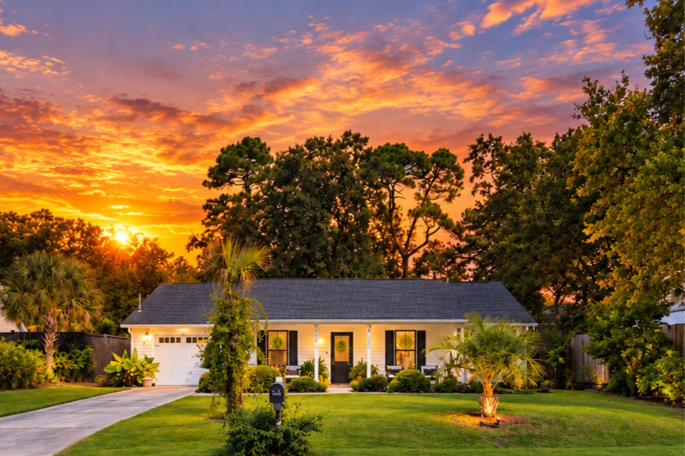 Single-story white house with a front porch and landscaped lawn at sunset.