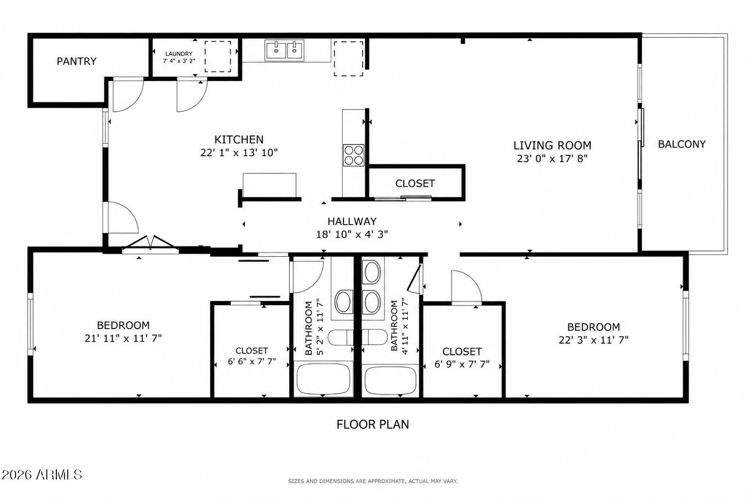 Floor plan showing two bedrooms, two bathrooms, a kitchen, living room, and balcony.