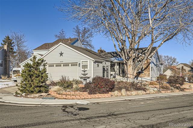 Light gray single-story house with a two-car garage, star on the gable, and large leafless tree.