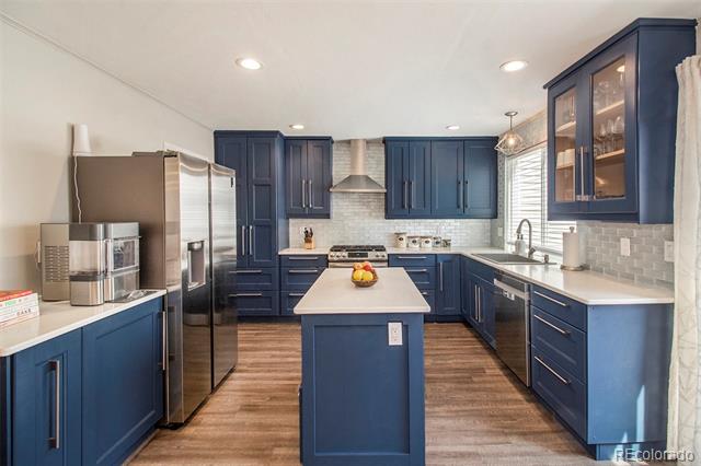 Kitchen with navy cabinets, stainless steel appliances, and a central island.