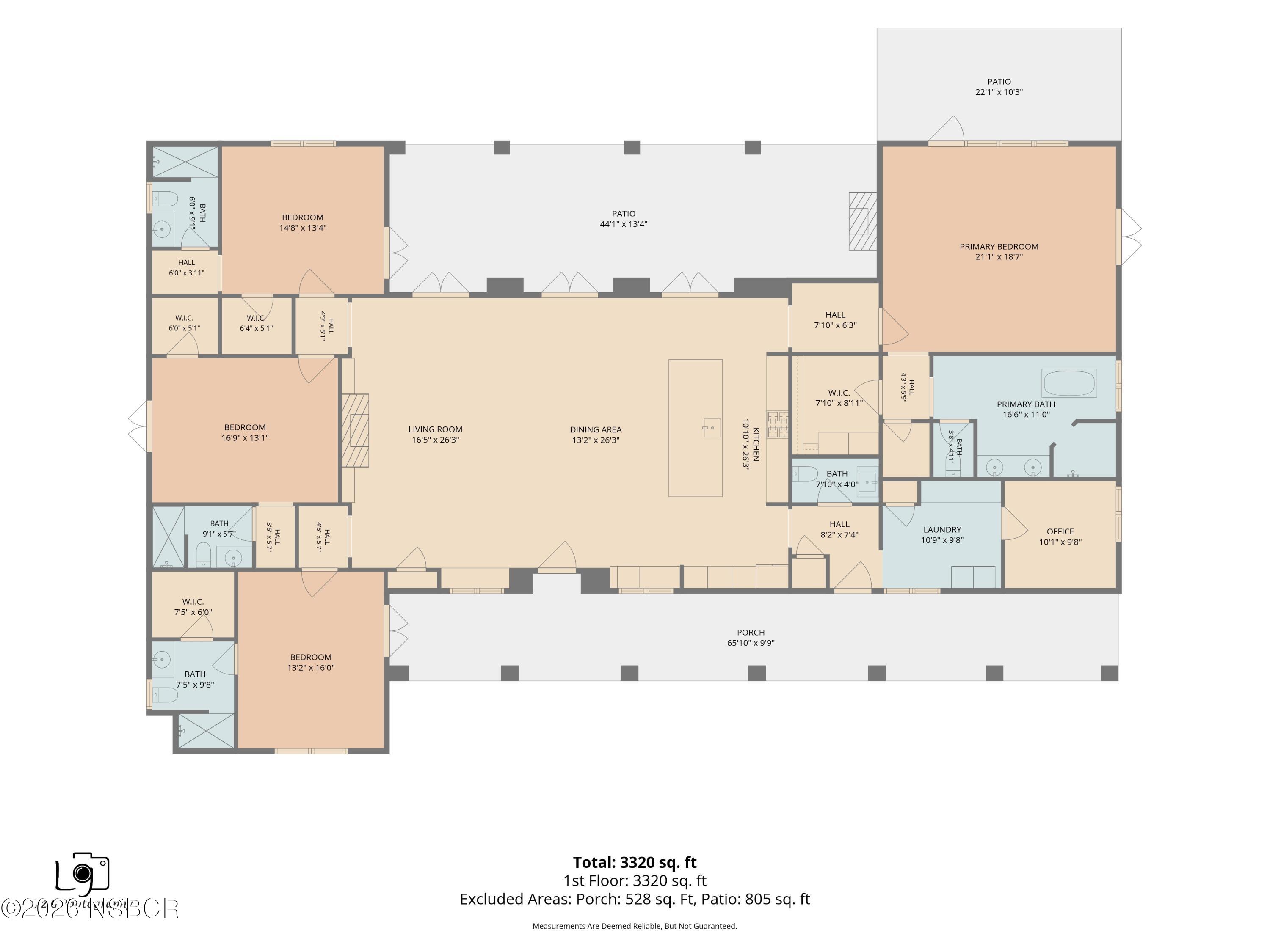 Floor plan showing four bedrooms, open living and dining areas, kitchen, office, laundry, porch, and patios.