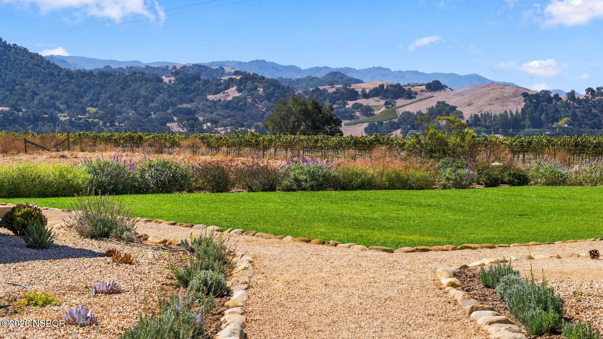 Landscaped lawn and vineyard rows overlook rolling hills and distant mountains.
