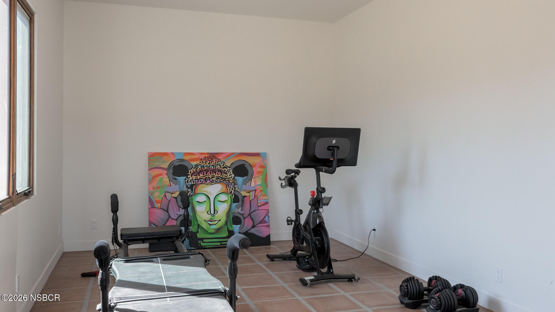 Home gym with exercise bike, weight bench, dumbbells, and colorful Buddha artwork.