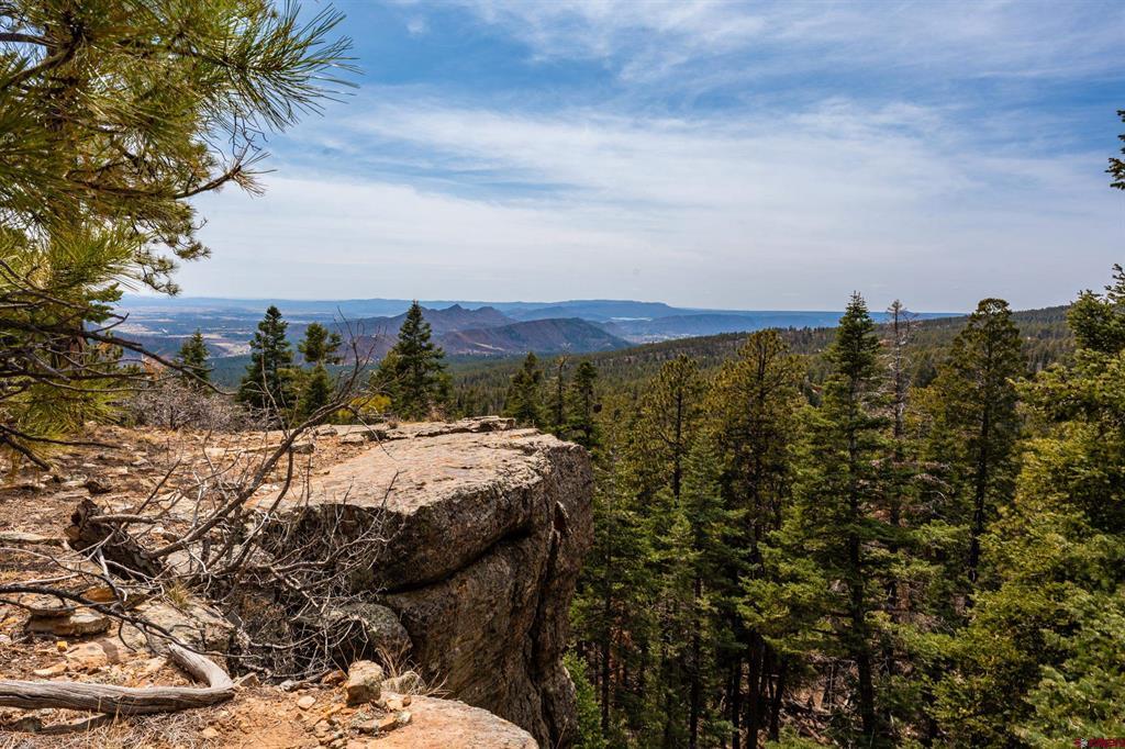Rocky forested lot overlooks pine-covered hills and distant mountains.