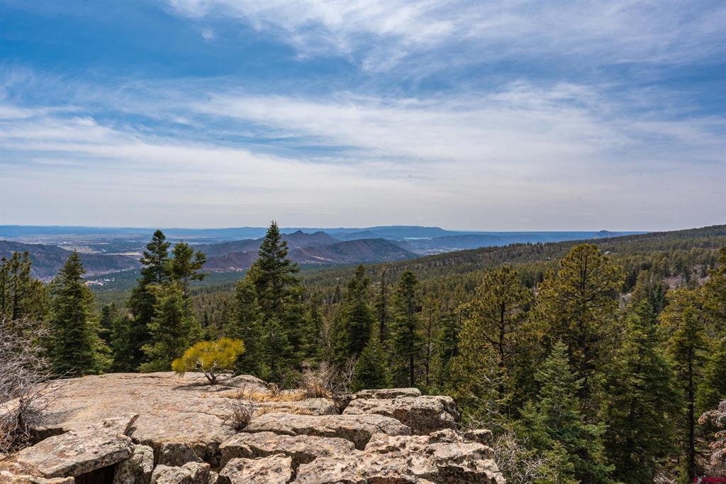 Forest-covered mountains and distant ridges viewed beyond rocky outcrops.