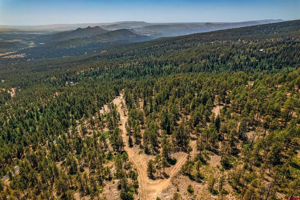 Aerial view of a wooded vacant parcel with dirt roads and distant mountain ridges.