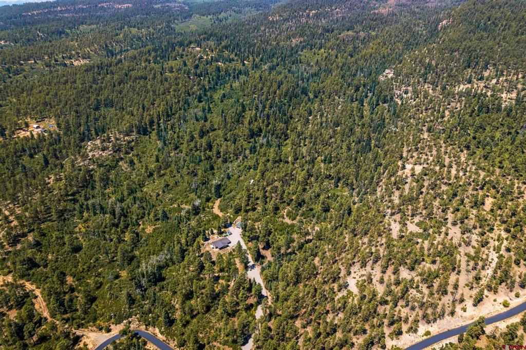 Aerial view of wooded mountain land with a road and a few scattered buildings.