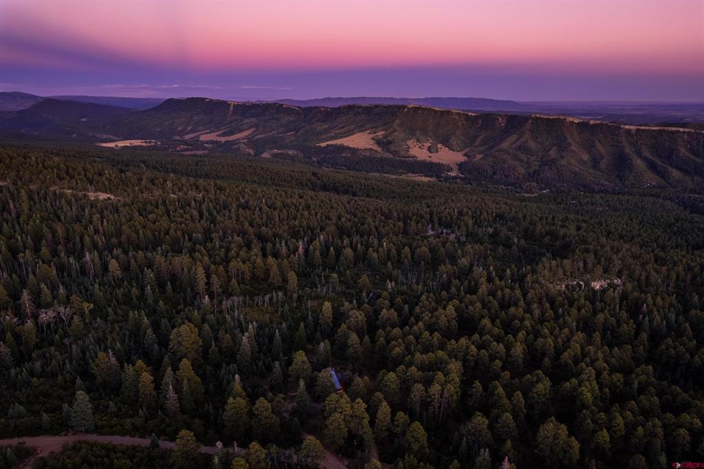 Aerial view of a forested parcel beneath mountain ridges at dusk.