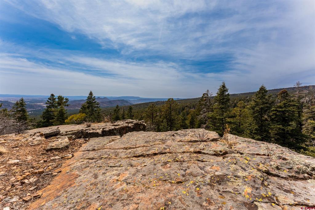 Rocky mountain land overlooking evergreen forest and distant ridges.