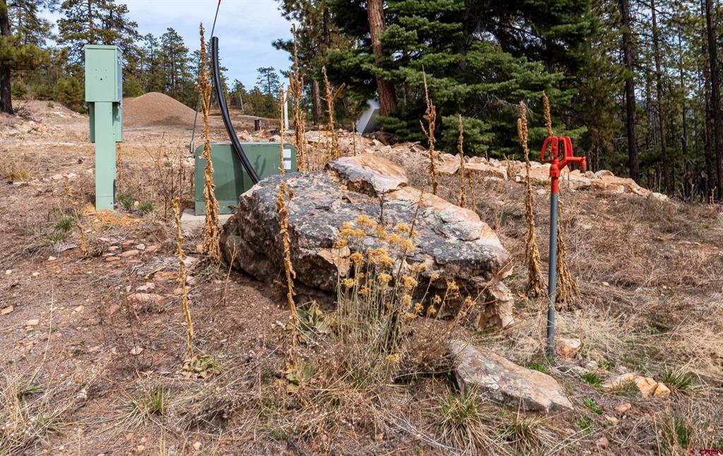 Rocky vacant lot with pine trees, utility boxes, a large boulder, and a red pipe.