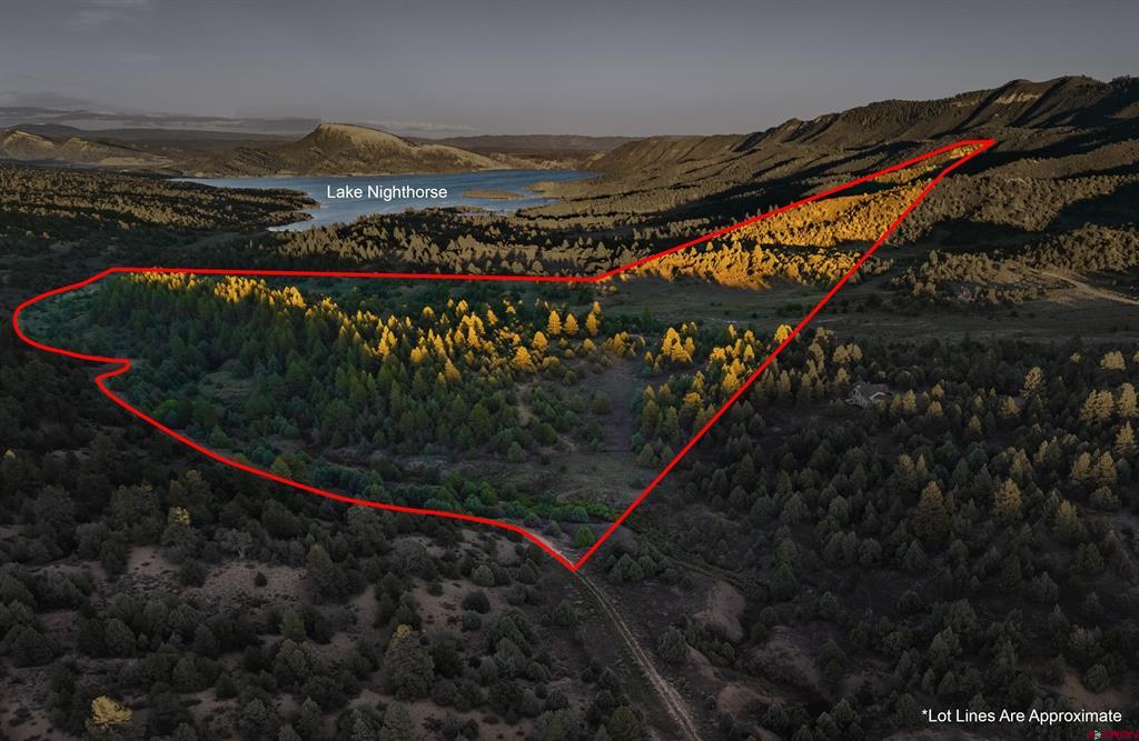 Wooded property outlined in red, with golden autumn trees and Lake Nighthorse in the background.