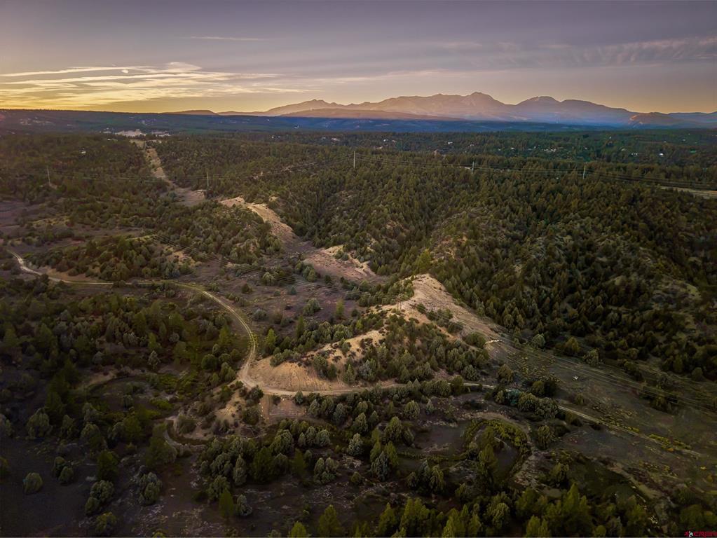 Aerial view of wooded land and open clearings, with distant mountains at sunset.