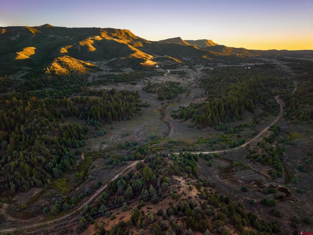 Aerial view of wooded undeveloped land and mountain ridges in golden-hour light.