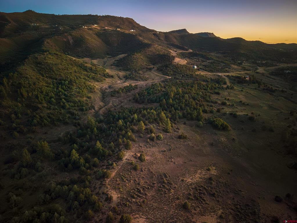 Aerial view of open hillside land with scattered trees and rugged hills at sunset.